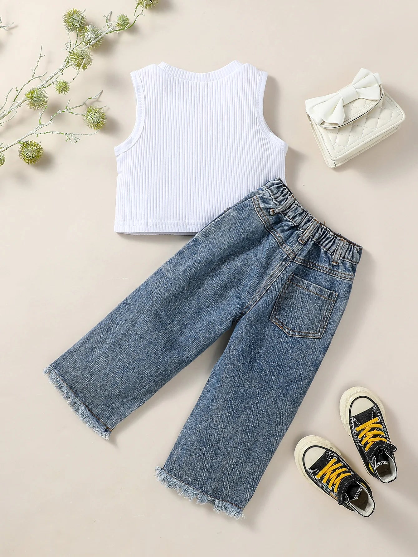 2024 Fashion Kids Girls Clothes Suits Solid Color Sleeveless Tank Tops and Heart Print Jeans Denim Pants Set Summer 2Pcs