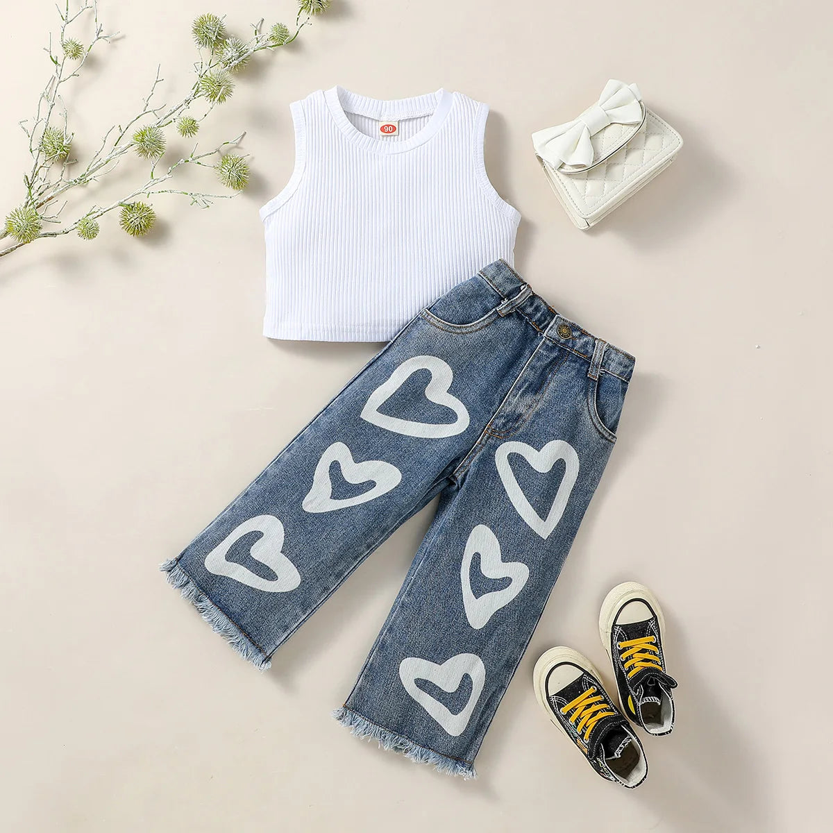 2024 Fashion Kids Girls Clothes Suits Solid Color Sleeveless Tank Tops and Heart Print Jeans Denim Pants Set Summer 2Pcs