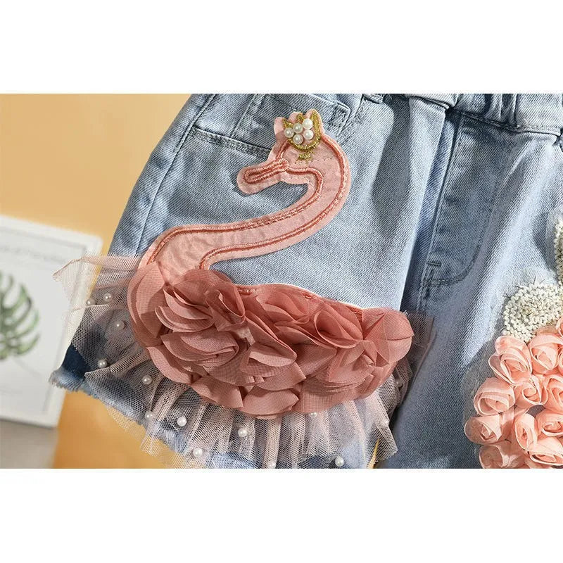 Baby Girl's Summer Cotton Denim Shorts Pants Toddler Kids Cute Swan Flower Soft Jeans for Teenager Girls Children Clothing