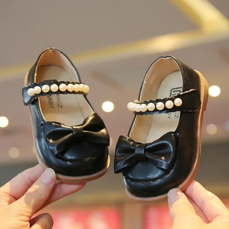 Toddlers Girls Leather Shoes Little Kids Casual Flats Princess Sweet with Pearls Beading Bow-knot 2024 Dress Party Shoes Soft