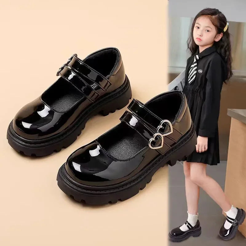 UK Womens Children's Leather Shoes 2024 Spring/Autumn New Style Children's Performance Shoes Black Dance Shoes Princess Shoes Up