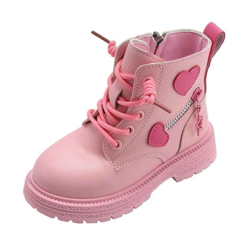 Girls' Fashion Rubber Boots – Autumn/Winter PU Round-Toe Boots with Soft Cotton Lining, Side Zip, and Heart Detail in Pink