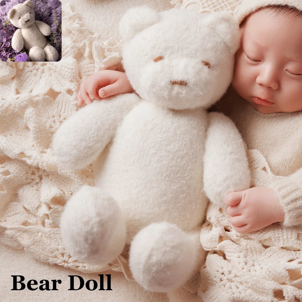 Baby Photography Costume Knitted Long-Sleeved Jumpsuit+Bear Ear Hat Teddy Bear Doll Photo Props Lace Pillow Shooting Accessories