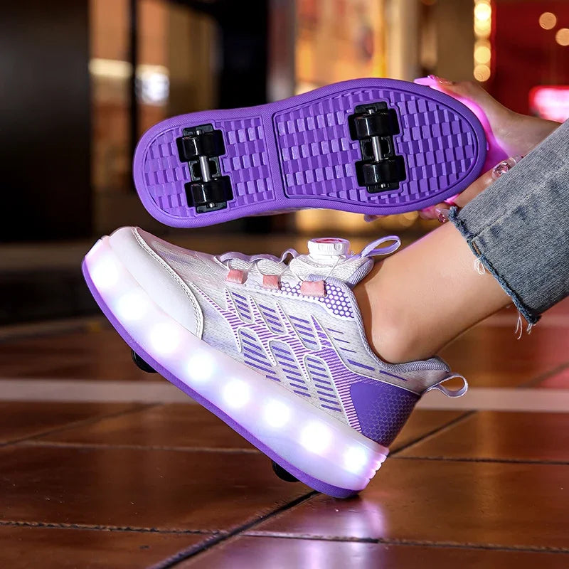 Children's Walking Shoes Girls 2025 New Rotary Buckle Flash Light Boy Student Four Wheel Roller Shoes Can Walk and Slide