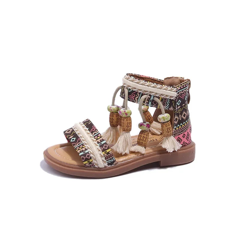 Bohemian Fringe Sandals for Girls Retro Ethnic Style Summer Shoes Geometric Yarn Dyed Pattern Ancient Tradition Shoe Kids G04071