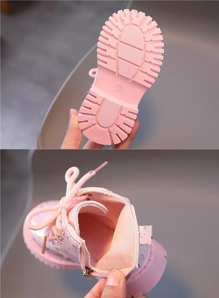 New Children Martine Boots Non-slip Soft Sole Walking Shoes PU Leather Sparkle Boots Lace Up Side Zipper Pure Color Casual Shoes