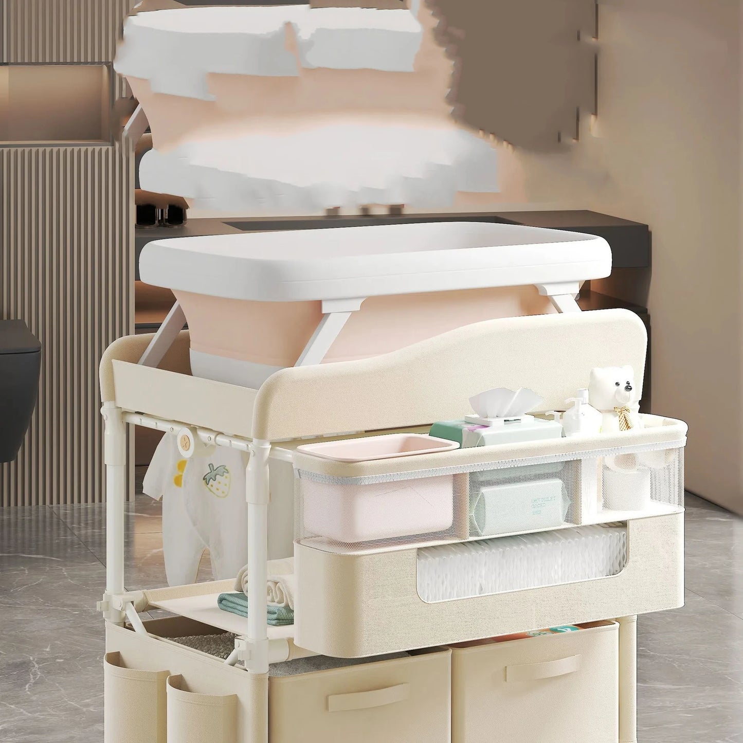 GoAnywhere Baby Changing Station - 4-in-1 Foldable Nursery Center with Bath & Massage Pad (Newborn to Toddler)