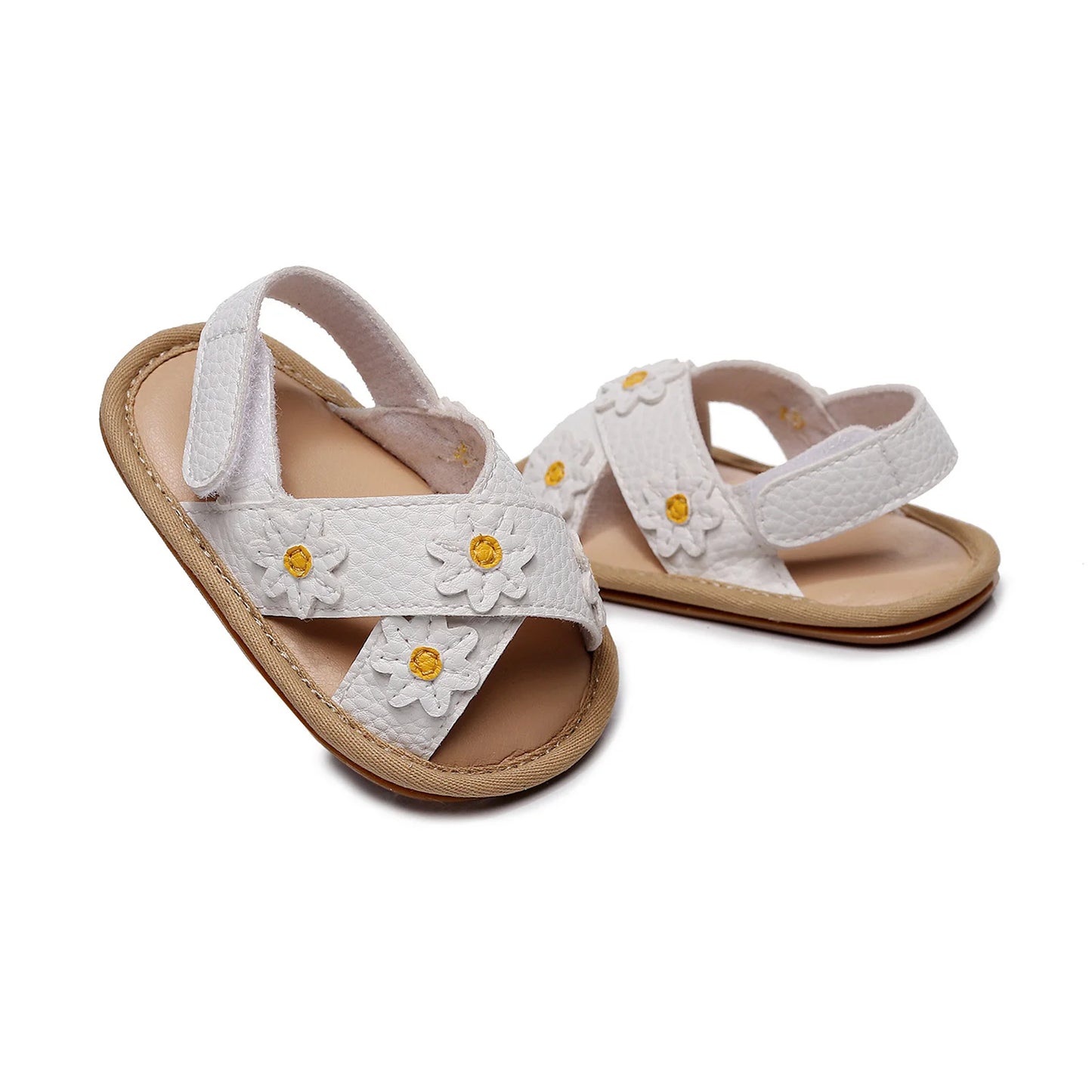 Baby Girls Anti-slip Flat Shoes, Floral Applique Pattern Soft Sole Sandals, White/ Golden/ Pink