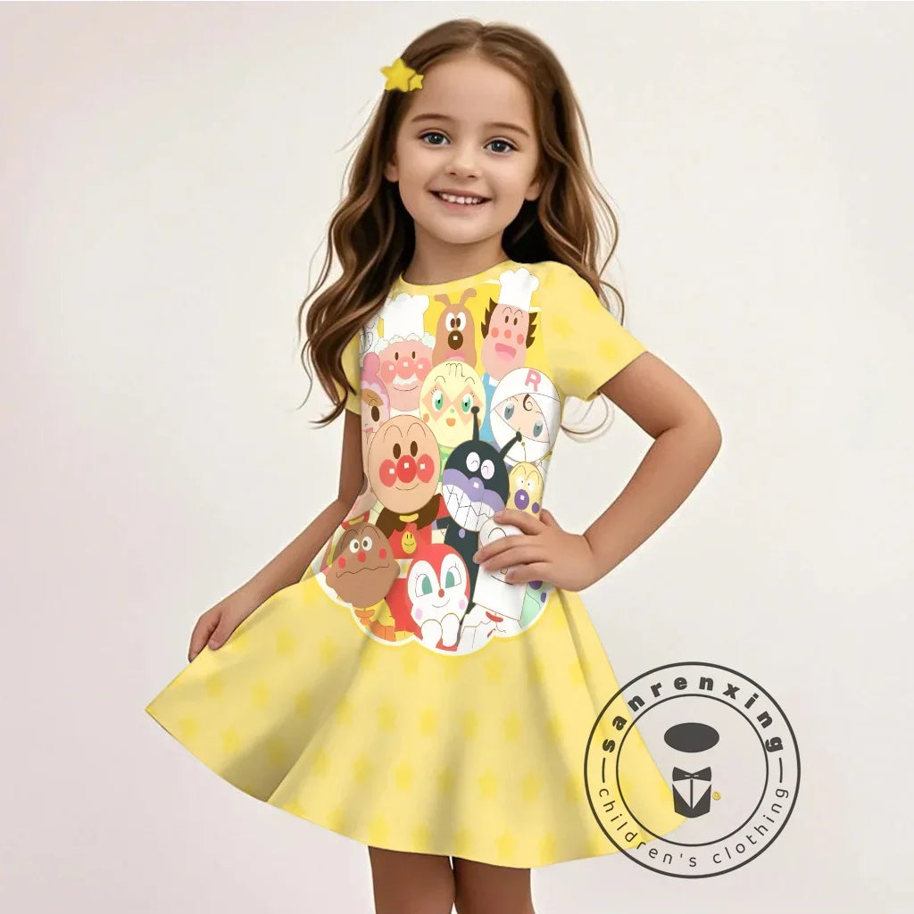 Summer Girls Cartoon Anpanman Printed Dress Kids Fashion One-piece Dress Girls Daily Casual Short Sleeve Clothing Outfit