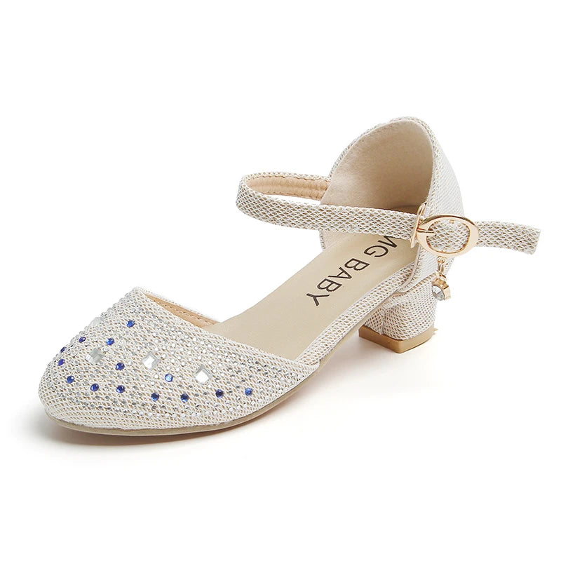Girls Leather Shoes Pink New with Heel Rhinestone Girls Princess Single Shoes 4-12 Years Old Fashion Non-slip Children's Sandals
