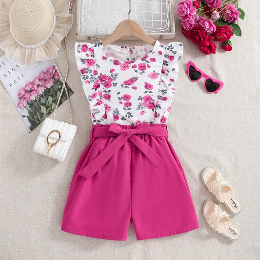Kids Sets For Girls 8-12 Years White Print Sleeveless top + Pink Shorts Sweet Casual Style Summer Coolness 2Pcs set