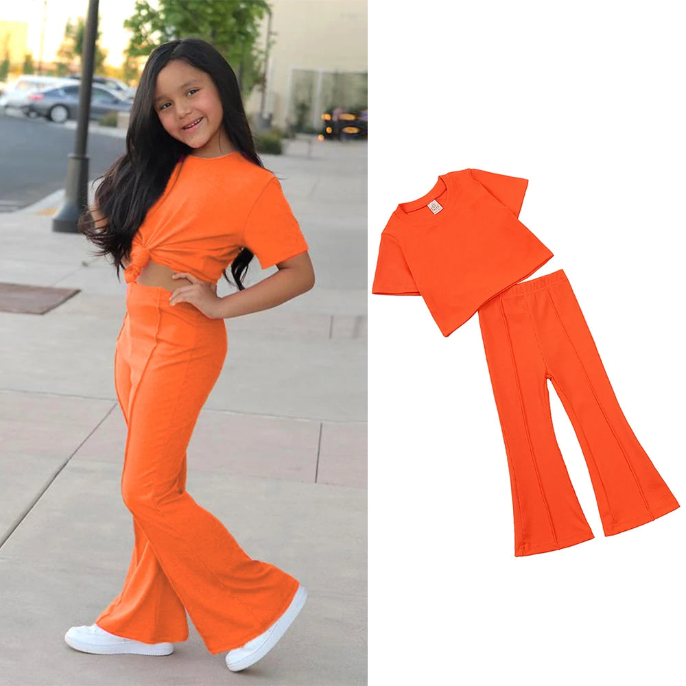 2025 Summer Girls Bell Bottom Outfits 2pcs Solid Cotton T-shirt Pants Suit For Children Teenage Girls Fashion Tracksuit Clothes