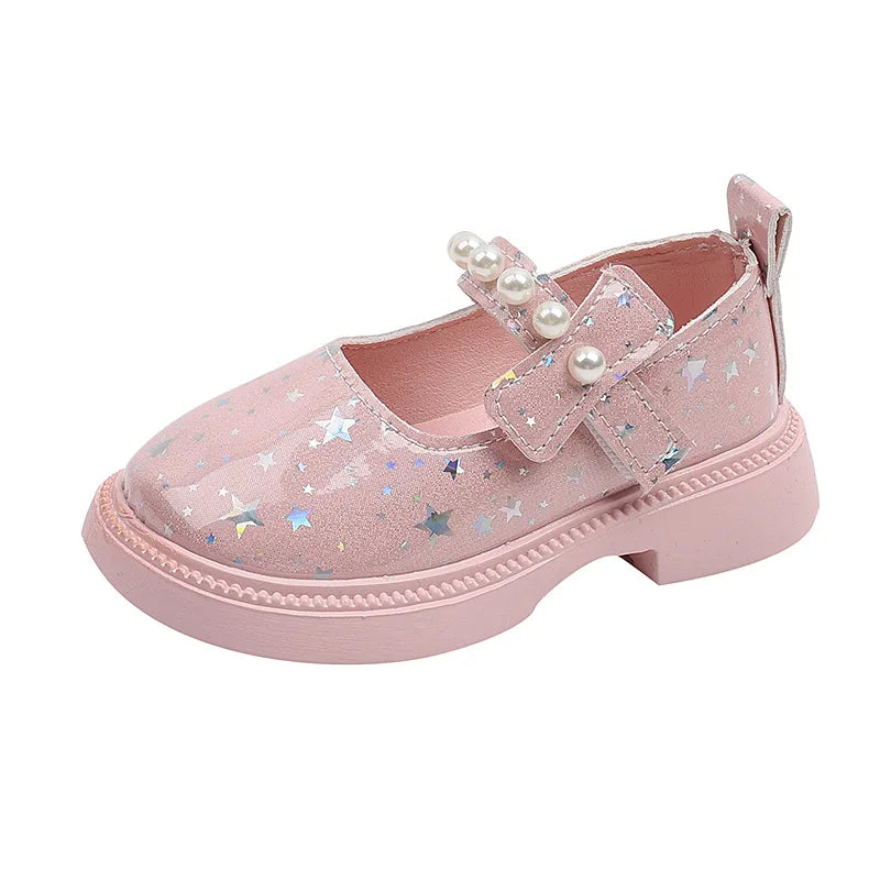 Girl Princess Shoes Spring and Autumn New Pearl Rhinester Girl Black Leather Shoes Show Shoes Kids Single Shoes Glass Slippers