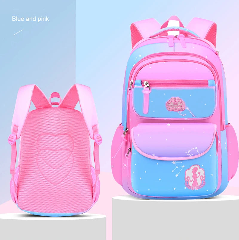 Girls' Macaron Color-Block Backpack – Premium Large-Capacity School Bag with Rainbow Zipper for Kids and Teens