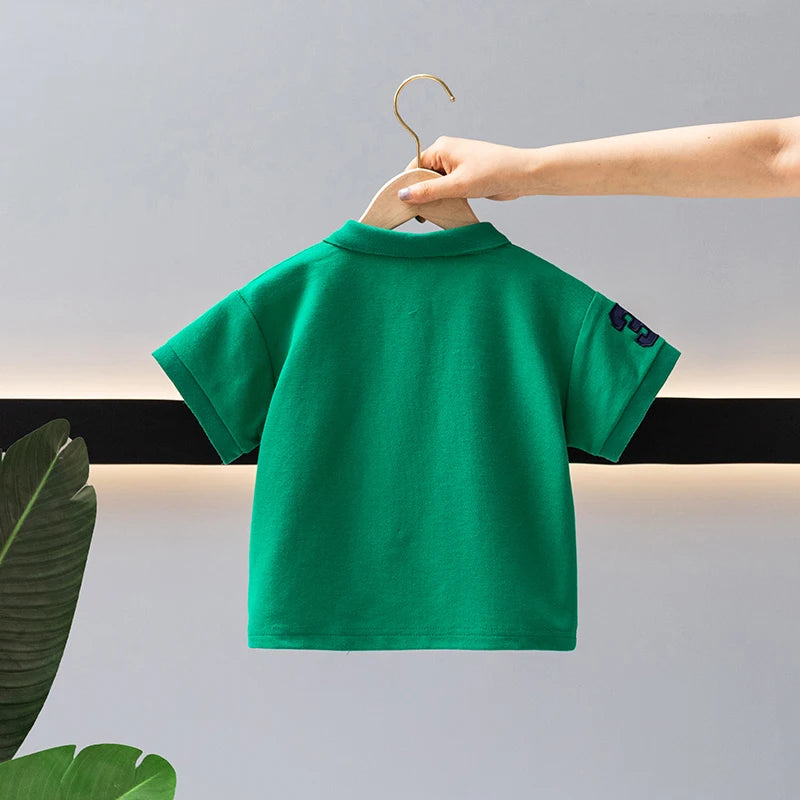 Summer Boys 2024 Casual Embroidery Horse Button Pullover Short sleeved T-shirt Polo Shirt Children's Clothing 1-7Y