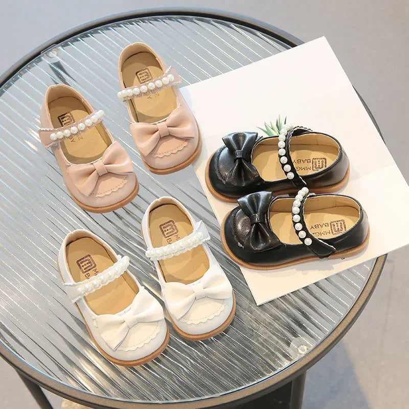 Toddlers Girls Leather Shoes Little Kids Casual Flats Princess Sweet with Pearls Beading Bow-knot 2024 Dress Party Shoes Soft