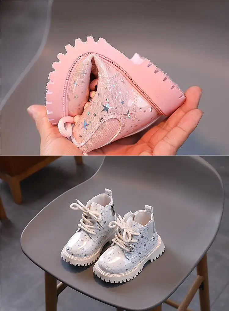 New Children Martine Boots Non-slip Soft Sole Walking Shoes PU Leather Sparkle Boots Lace Up Side Zipper Pure Color Casual Shoes