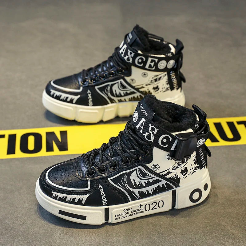 Boys' shoes Cotton shoes Winter 2025 new fleece thickened children's sports shoes large children high top board shoes