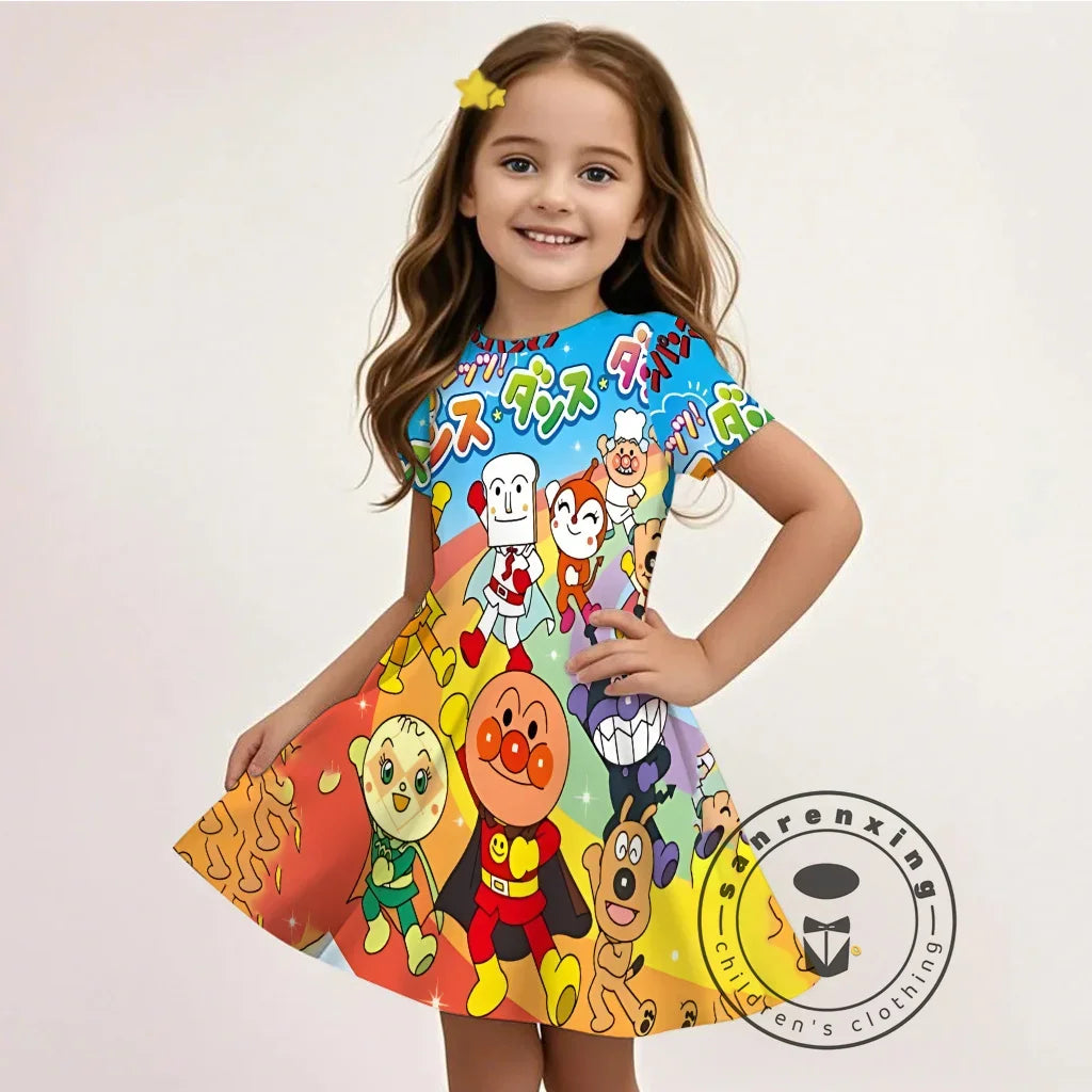 Summer Girls Cartoon Anpanman Printed Dress Kids Fashion One-piece Dress Girls Daily Casual Short Sleeve Clothing Outfit
