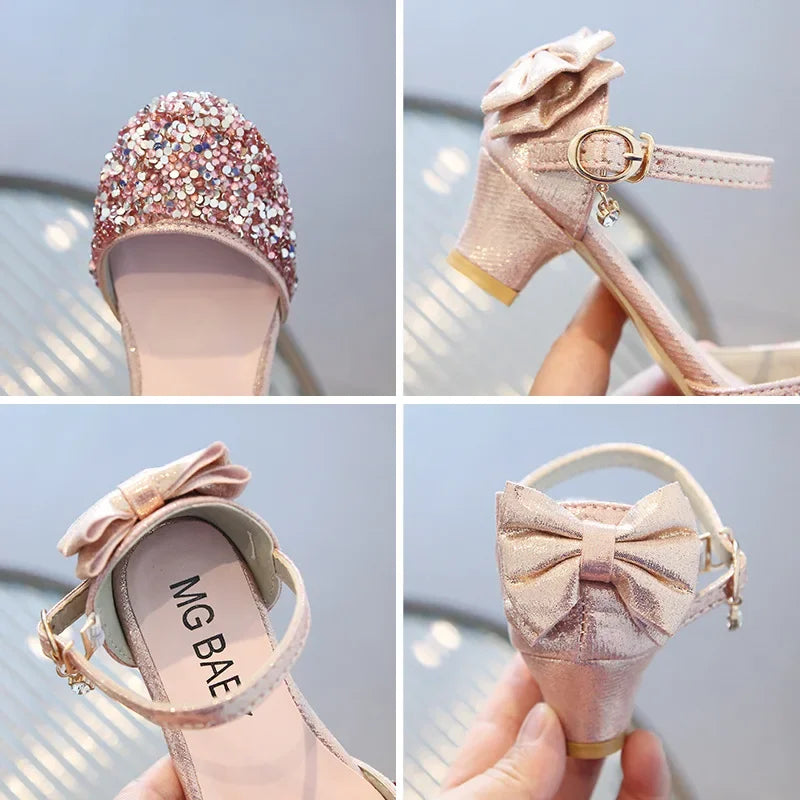 Girl Leather Shoe 2024 New Fashion Princess Shoe Crystal High Heels Student Performance Dance Shoe Sweet Kids Shoes Zapatos Niña