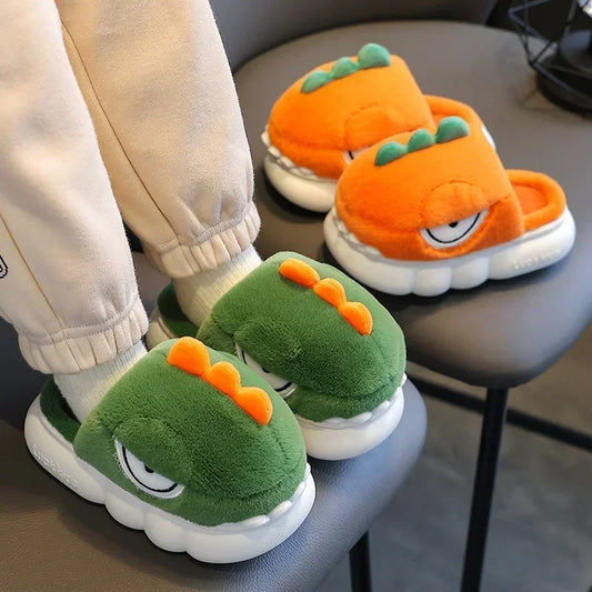 Cute Cartoon Dinosaur Children Plush Slippers Soft Sole Non-slip Winter Warm Baby Boys Girls Indoor Home Heel Wrap Cotton Shoes