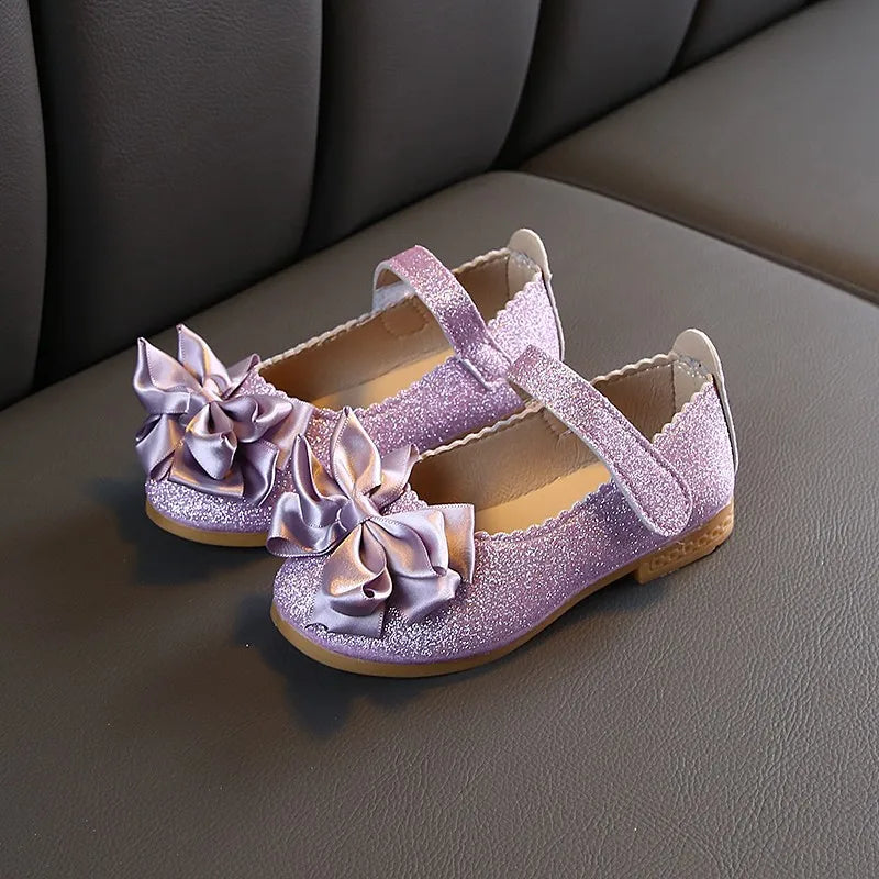Flowers Children Girls Leather Shoes Sequins Purple Gold Princess Shoes for Kids Baby Little Girls Party Wedding Shoes New 2022
