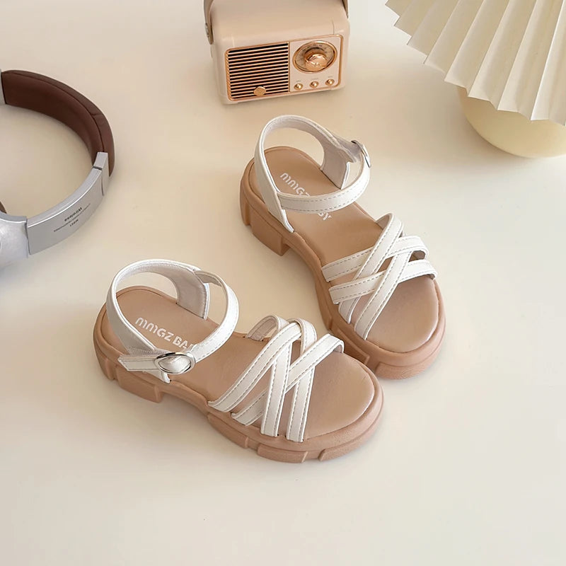Heeled Sandals for Girls Chunky Sole Fashion Summer Shoes Children Non-Slip Strappy Gladiator Sandal Height Increased Beach Shoe