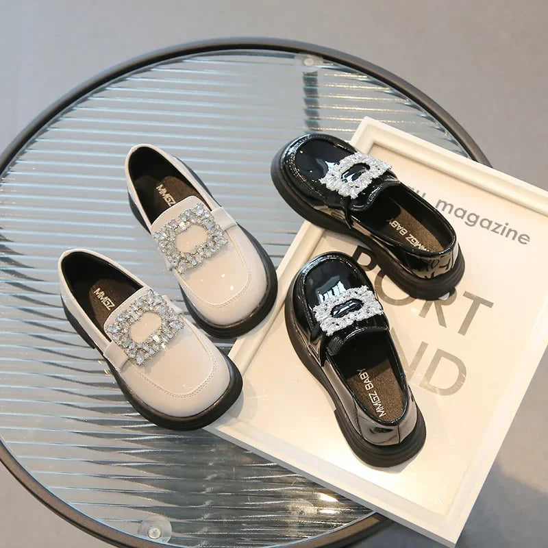 Girls Square Rhinestone Loafers Patent Leather Slip-on Shoes for Children British Black Loafers Platform Oxford Shoes Kids Flats