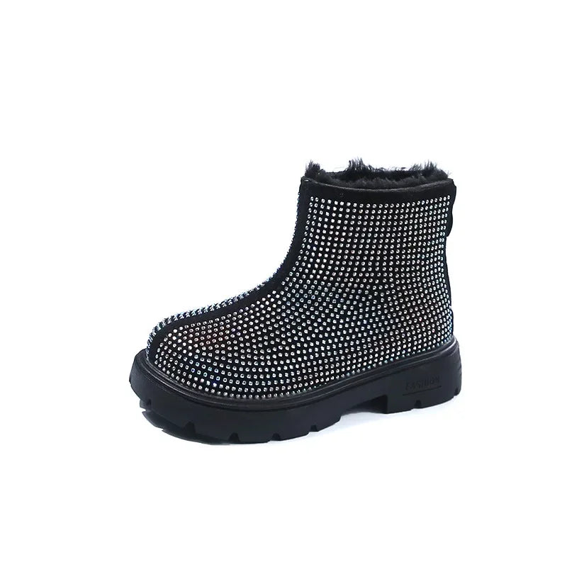 Fashion Girl Shoes New Versatile Comfort Ankle Boots Soft Sole Anti Slip Casual Rhinestone Winter Boot Warm Princess Kids Shoes