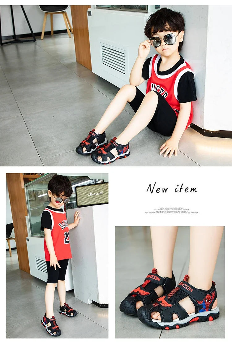 Summer Kids' Sports Sandals – Breathable Hollow-Out Design, Non-Slip Soft Soles for Boys and Girls in Black, Red, Gray, and Blue