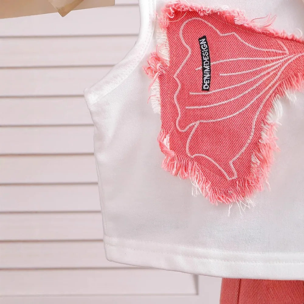 Bear Leader 2025 Summer 4-6 Year Old Streetwear Girls' Sets Sleeveless Butterfly Vest+Pink Cowboy Piercing Patch Pants 2-Pcs Set