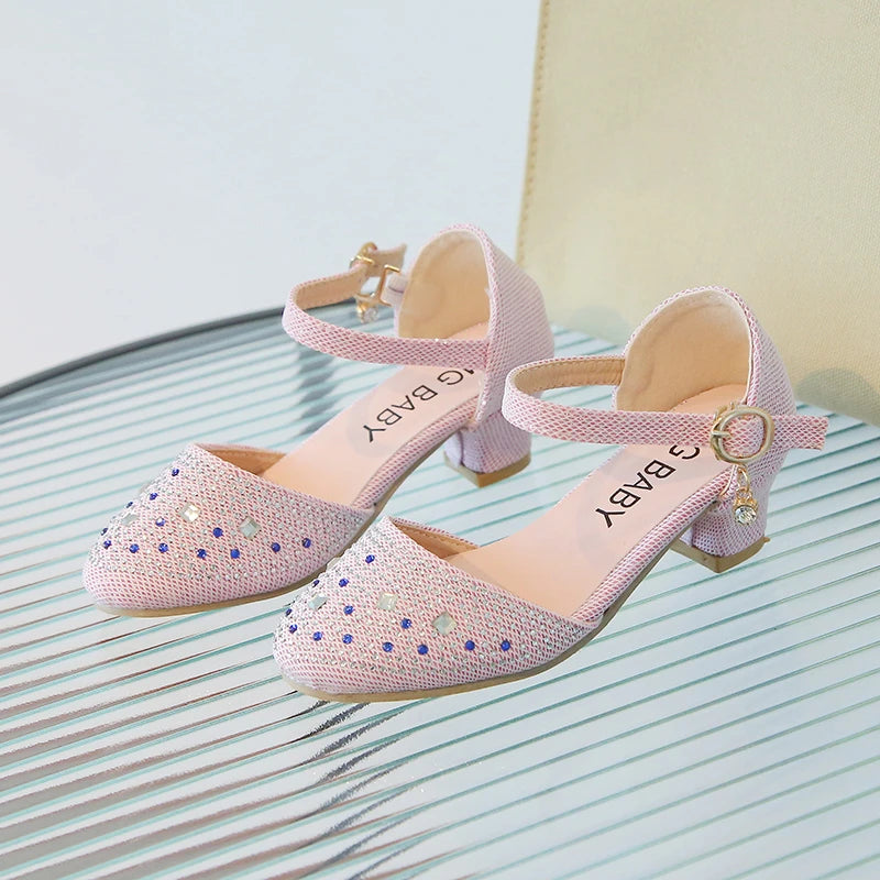 Girls Leather Shoes Pink New with Heel Rhinestone Girls Princess Single Shoes 4-12 Years Old Fashion Non-slip Children's Sandals