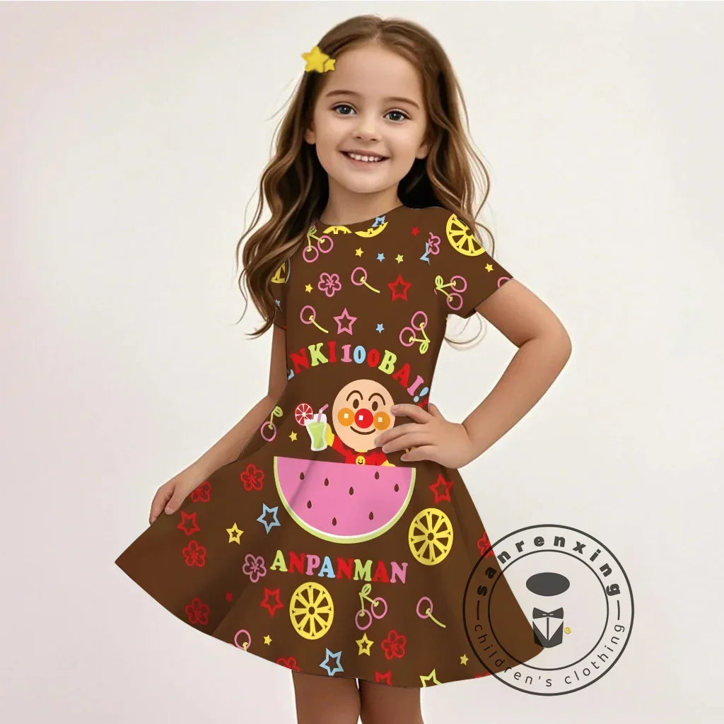 Summer Girls Cartoon Anpanman Printed Dress Kids Fashion One-piece Dress Girls Daily Casual Short Sleeve Clothing Outfit