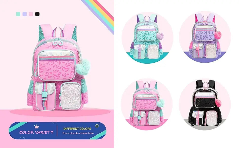 Girls' Macaron Color-Block School Backpack – Large-Capacity, Premium Bag with Rainbow Zipper for Kids and Teens