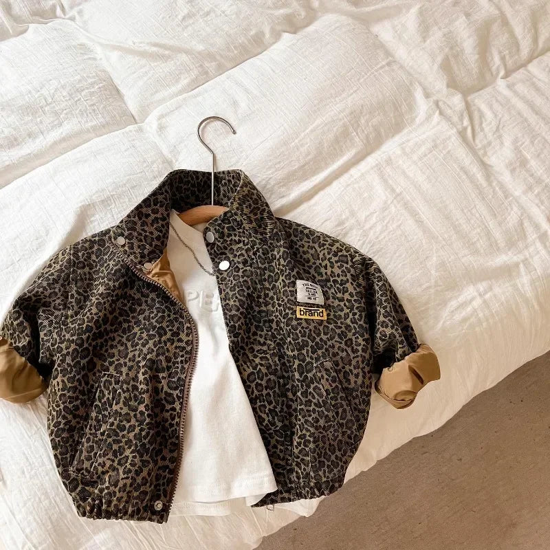 Coat Children Spring Autumn Boy 2024 New Fashionable Coat Leopard Print Jacket Korean Style Girl Casual Simple Shirt Cool