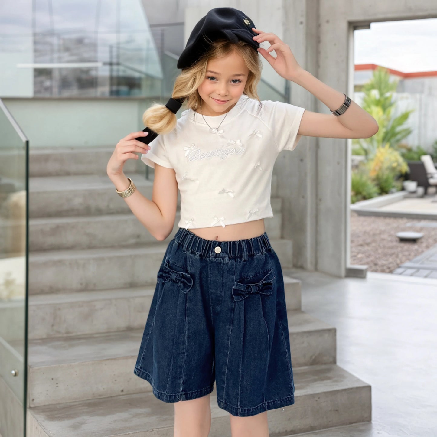 Girls' summer versatile Hanjing color bow shorts 2025 new summer thin fashion jeans casual sports shorts 5-15 years old