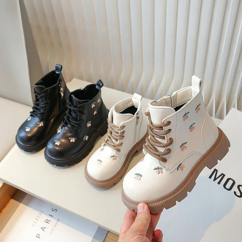 Girls' Fashion Ankle Boots – Embroidered Leather Spring/Autumn Boots for Kids, Casual and Versatile Princess-Style Footwear