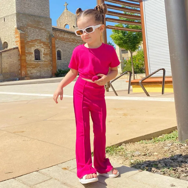 2025 Summer Girls Bell Bottom Outfits 2pcs Solid Cotton T-shirt Pants Suit For Children Teenage Girls Fashion Tracksuit Clothes