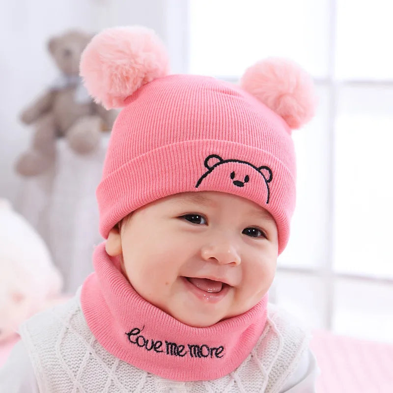 2pcs Winter Baby Hat Scarf Set Toddler Girl Boy Cap Knitted Beanie Fur Ball Cartoon Bear Snow Outfit Infant Accessories