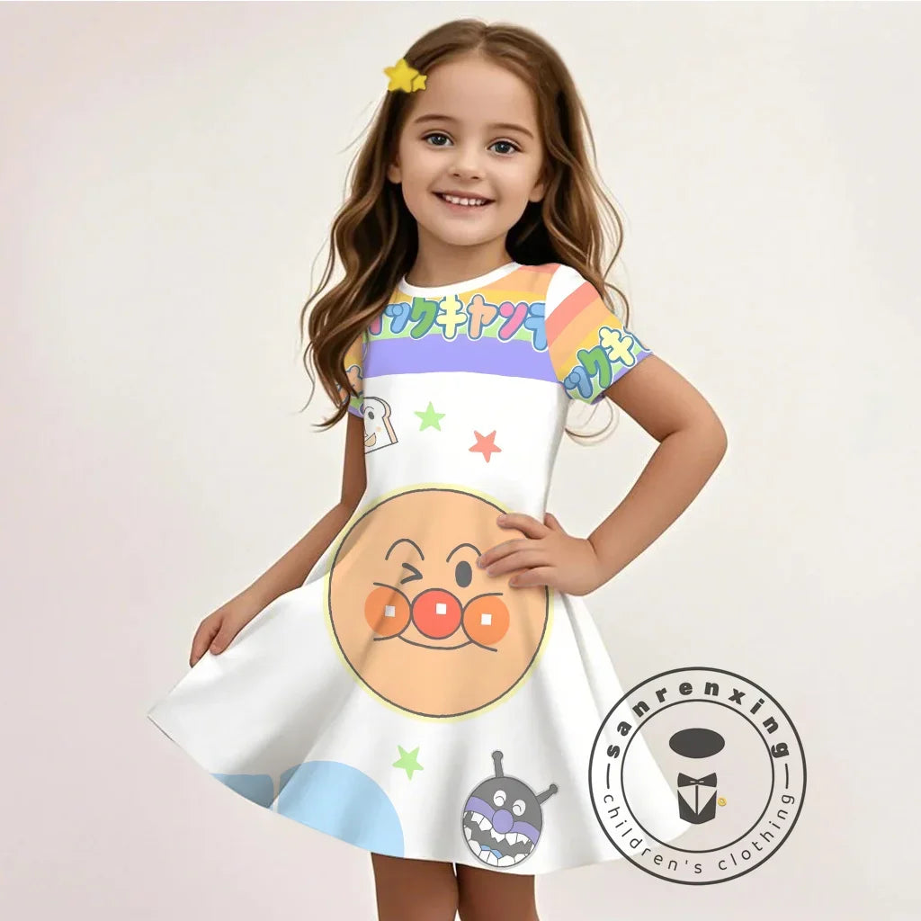 Summer Girls Cartoon Anpanman Printed Dress Kids Fashion One-piece Dress Girls Daily Casual Short Sleeve Clothing Outfit