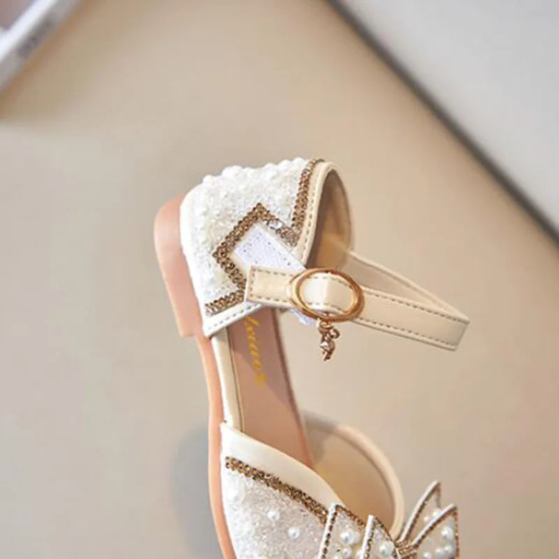 New Girl Sandals Cute Bow Pearl Sequins Kid Princess Shoes Flat Heels children Dancing Size 21-36