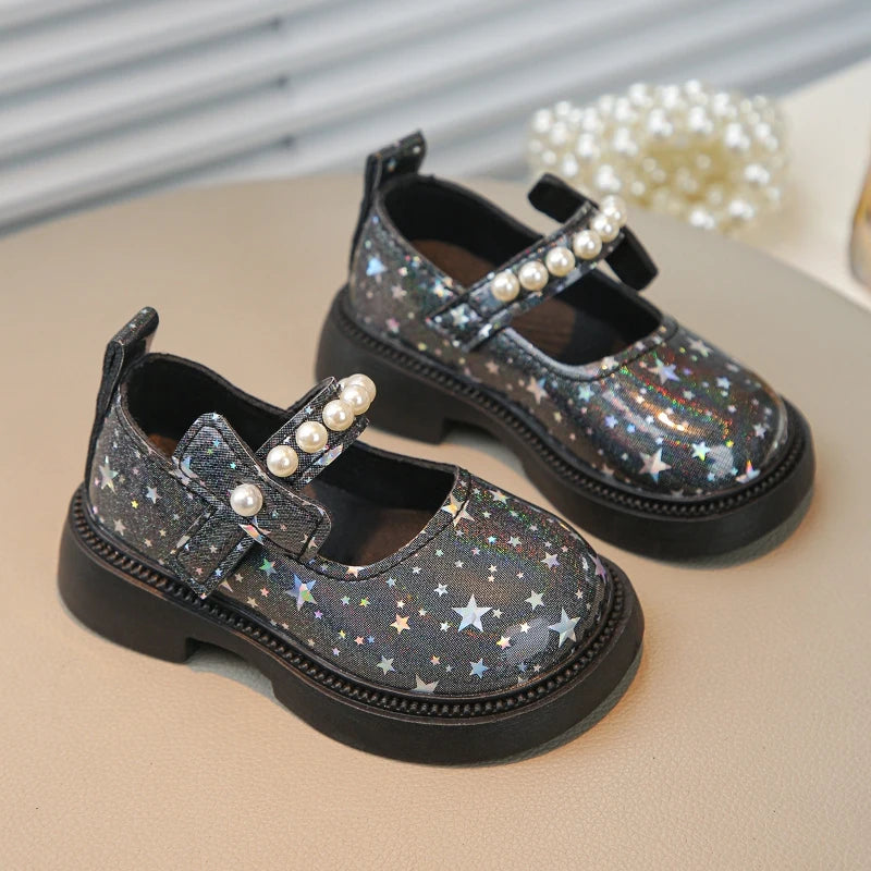 Bling All Over Stars Fashion Leather Shoes for Kids Girls Beading Black Pink White Rubber Children School Dress Shoes New I01163