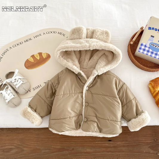 Cute Children's Winter Jacket Fur Lining, 0-5 Years Old, Girls Boys Hoodies Coats, Korean Style, Kids Baby Thick Warm Outwear