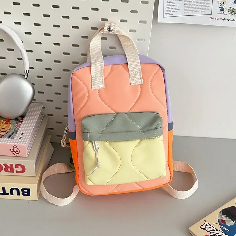 New Children's Casual Fashion Bag Boys and Girls Canvas Two-shoulder Bags Baby Color Matching Quilted Backpack School Bags