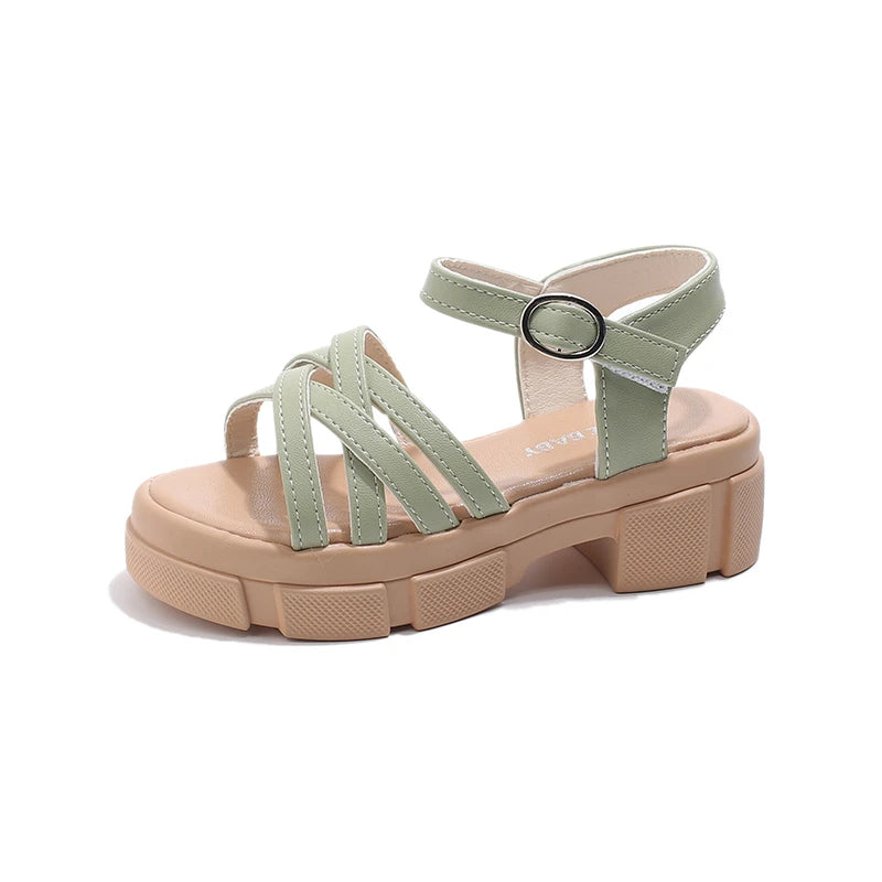 Heeled Sandals for Girls Chunky Sole Fashion Summer Shoes Children Non-Slip Strappy Gladiator Sandal Height Increased Beach Shoe