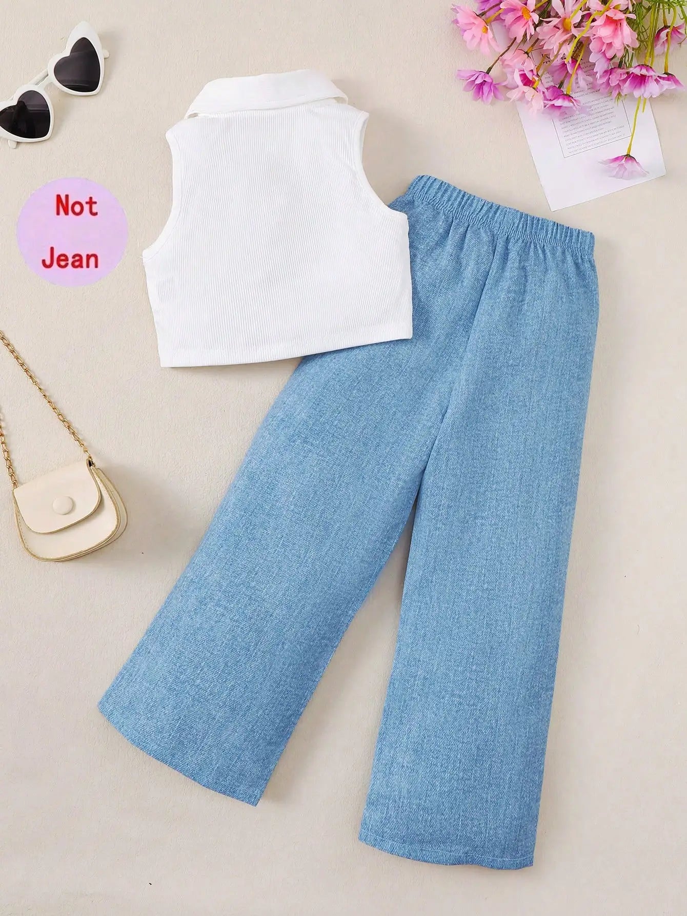 Young Girls' Solid Color Casual Tank Top With Denim Look Floral Print Straight Pants, Summer