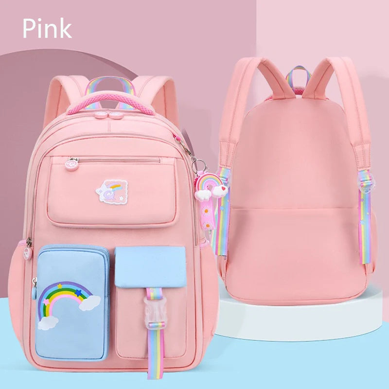 Premium Girls' School Backpack – Macaron Color-Block Design with Rainbow Zipper, Large Capacity Bag for Kids and Teens