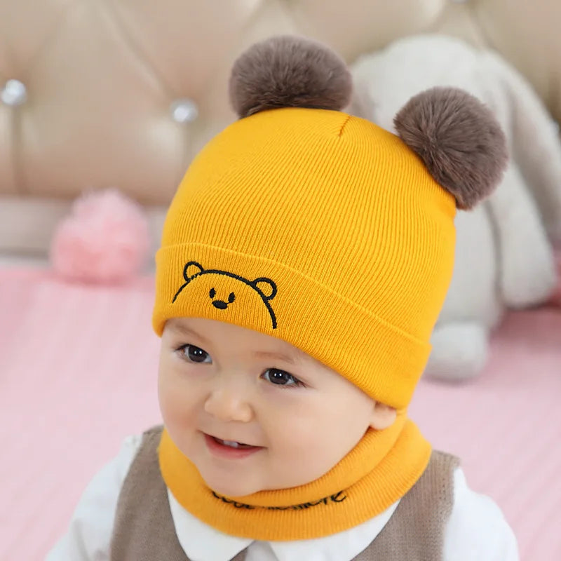 2pcs Winter Baby Hat Scarf Set Toddler Girl Boy Cap Knitted Beanie Fur Ball Cartoon Bear Snow Outfit Infant Accessories