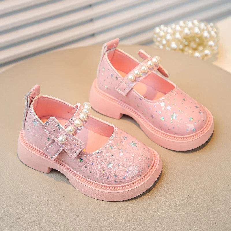 Bling All Over Stars Fashion Leather Shoes for Kids Girls Beading Black Pink White Rubber Children School Dress Shoes New I01163