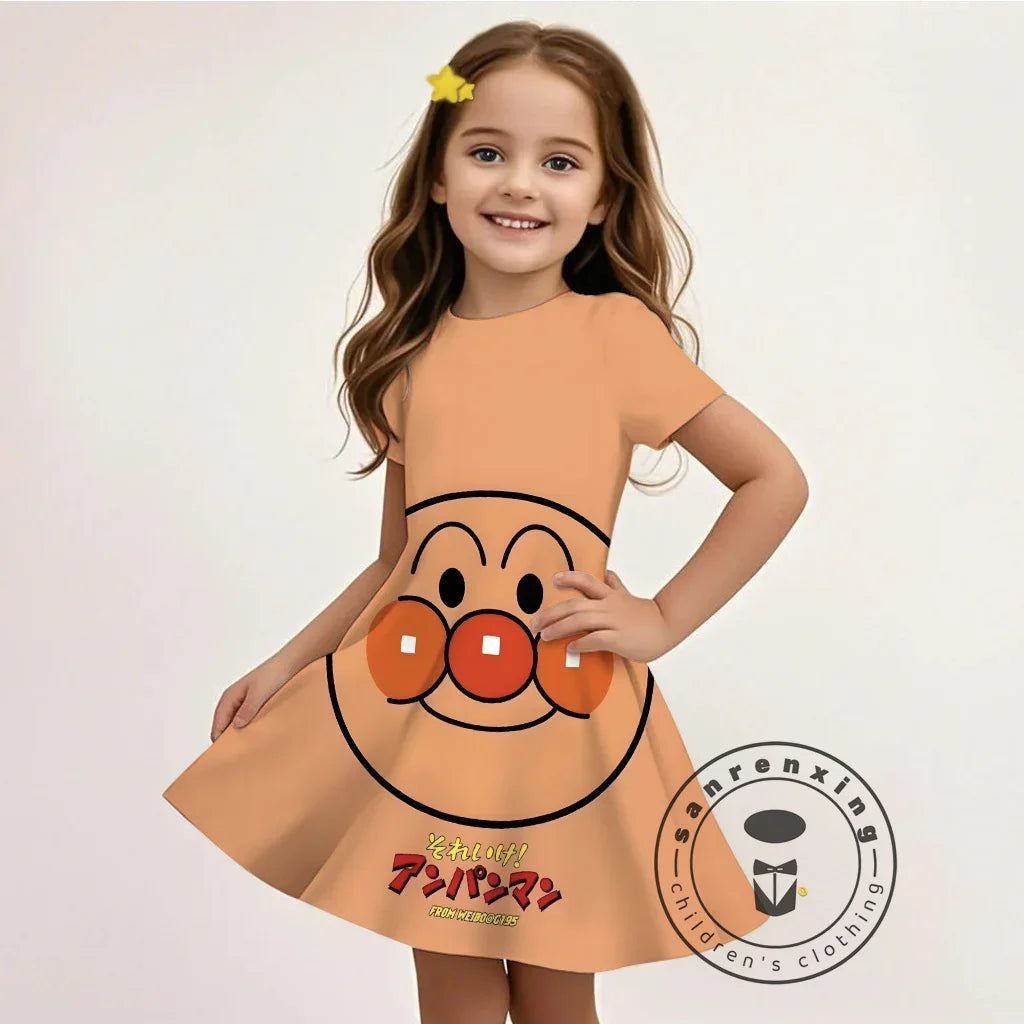 Summer Girls Cartoon Anpanman Printed Dress Kids Fashion One-piece Dress Girls Daily Casual Short Sleeve Clothing Outfit